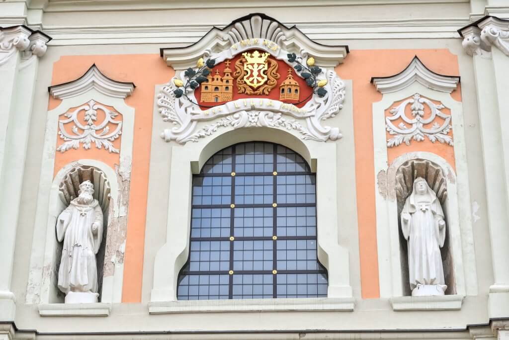 Pink and white facade of the church of st catherine in Vilnius Lithuania