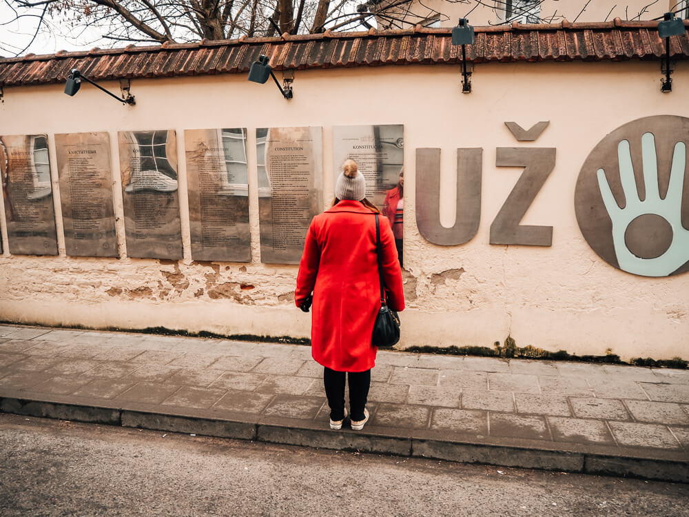 Wall in uzupis that shows the constitution of uzupis in Vilnius Lithuania