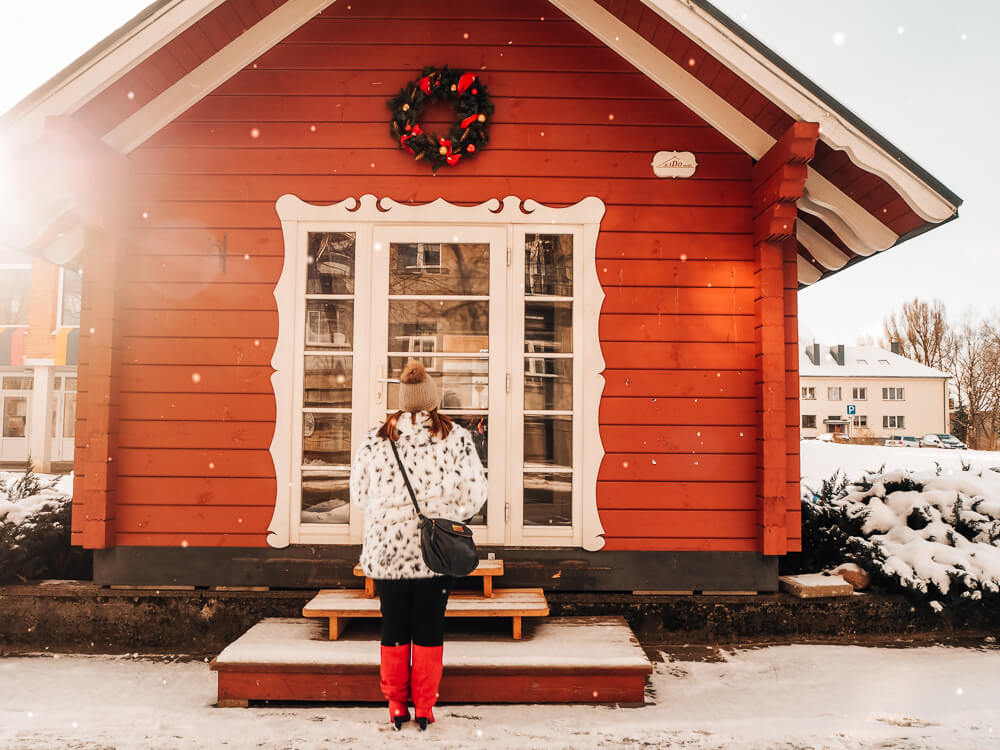 Colourful red cabin in Trakai Lithuania