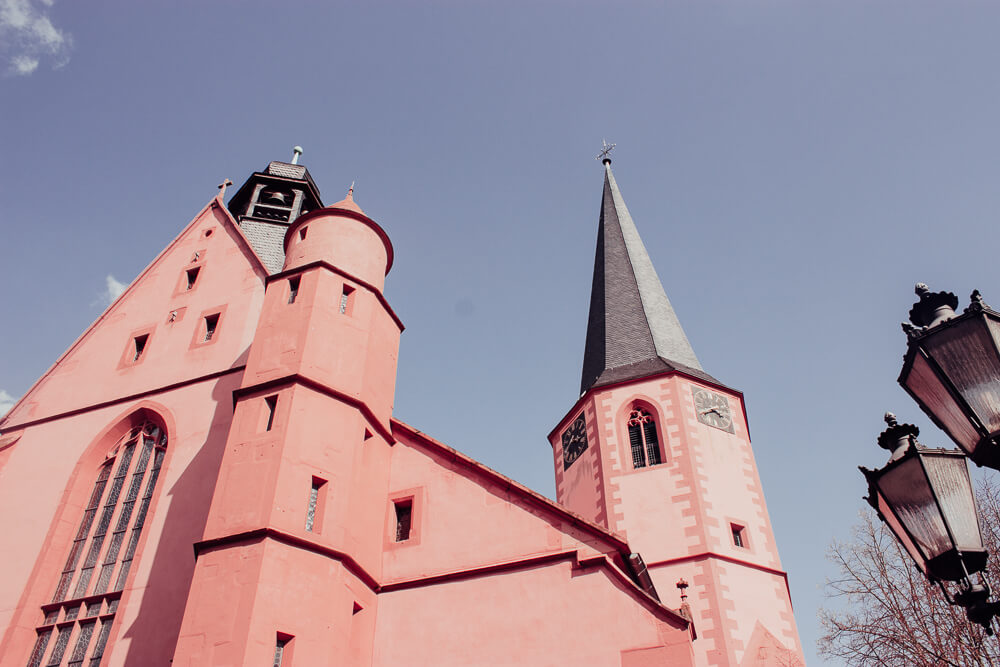 Gothic red sandstone church in Michelstadt, a german fairytale village.