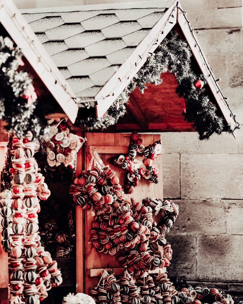 Rustic wooden stalls at Cristmas markets in Europe.