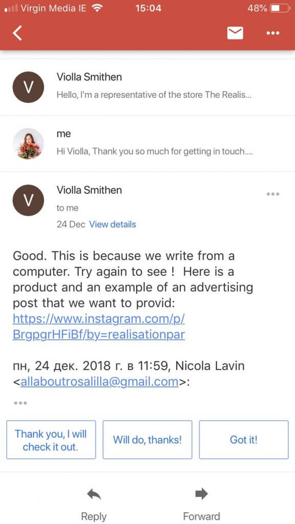 Image of a phishing email from someone trying to hack my Instagram account