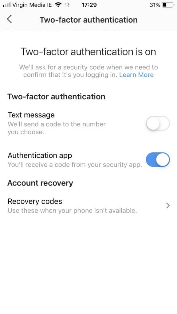 Image showing you how to turn on two factor authentication and how to protect your instagram account from being hacked.