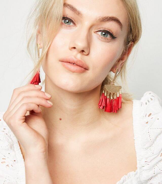 Orange Raffia Tassel Half Moon Earrings