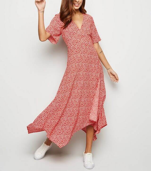 Red Ditsy Floral Hanky Hem Wrap Midi Dress