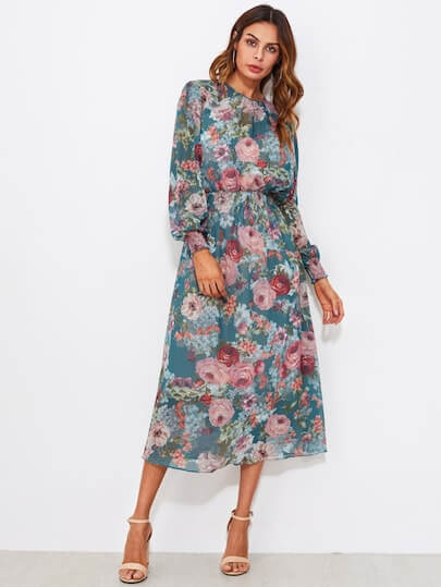 SheIn Smocked Trim Calico Print Midi Dress €24.50