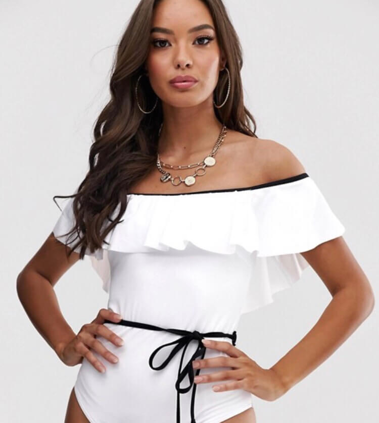 Recycled contrast mono bandeau frill swimsuit in white