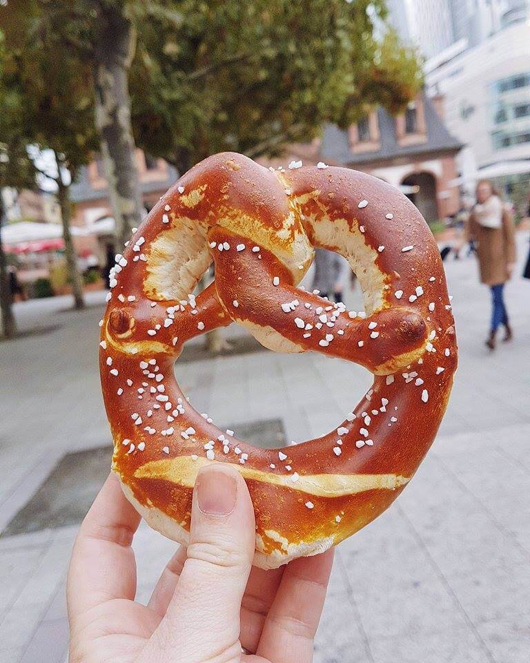 Enjoying a pretzel in Frankfurt Germany