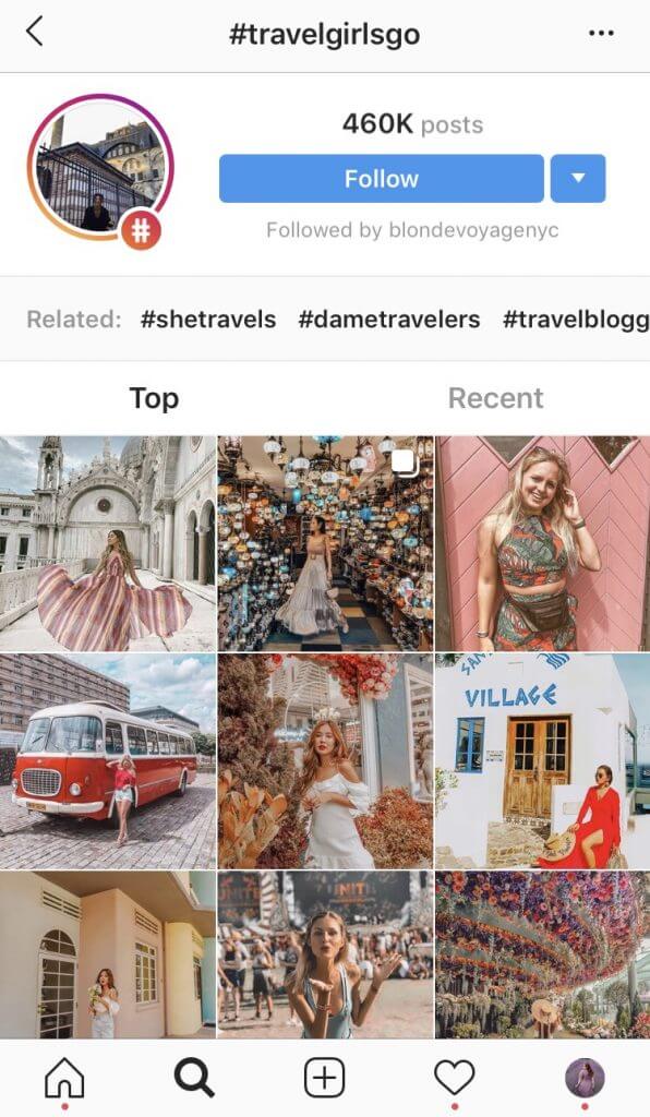 Image to show how to research hashtags for a travel account. Read more on www.ouruniquestays.com