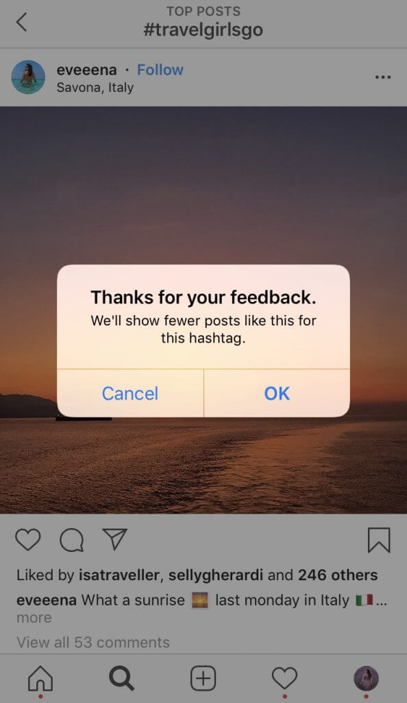 Image showing how to research travel hashtags for Instagram.