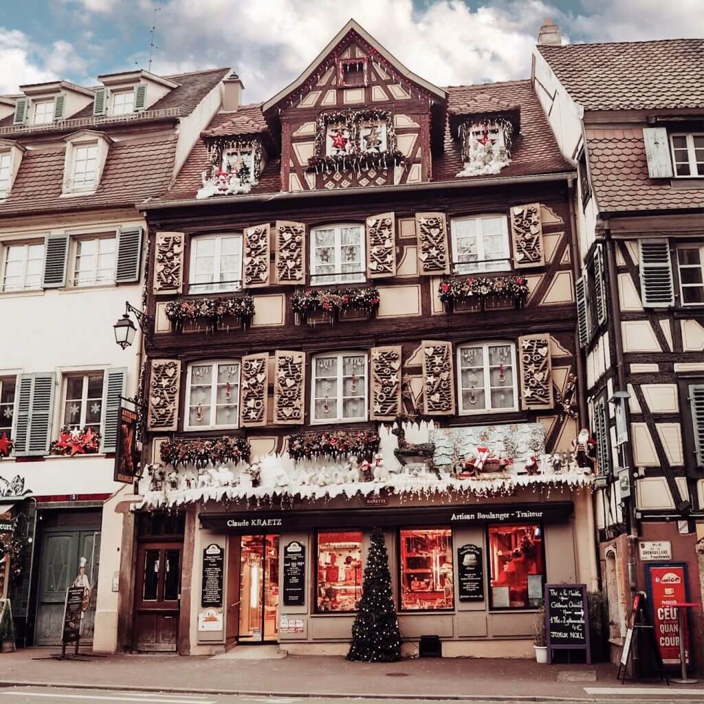 Buildings decorated for Christmas in Colmar Alsace France.