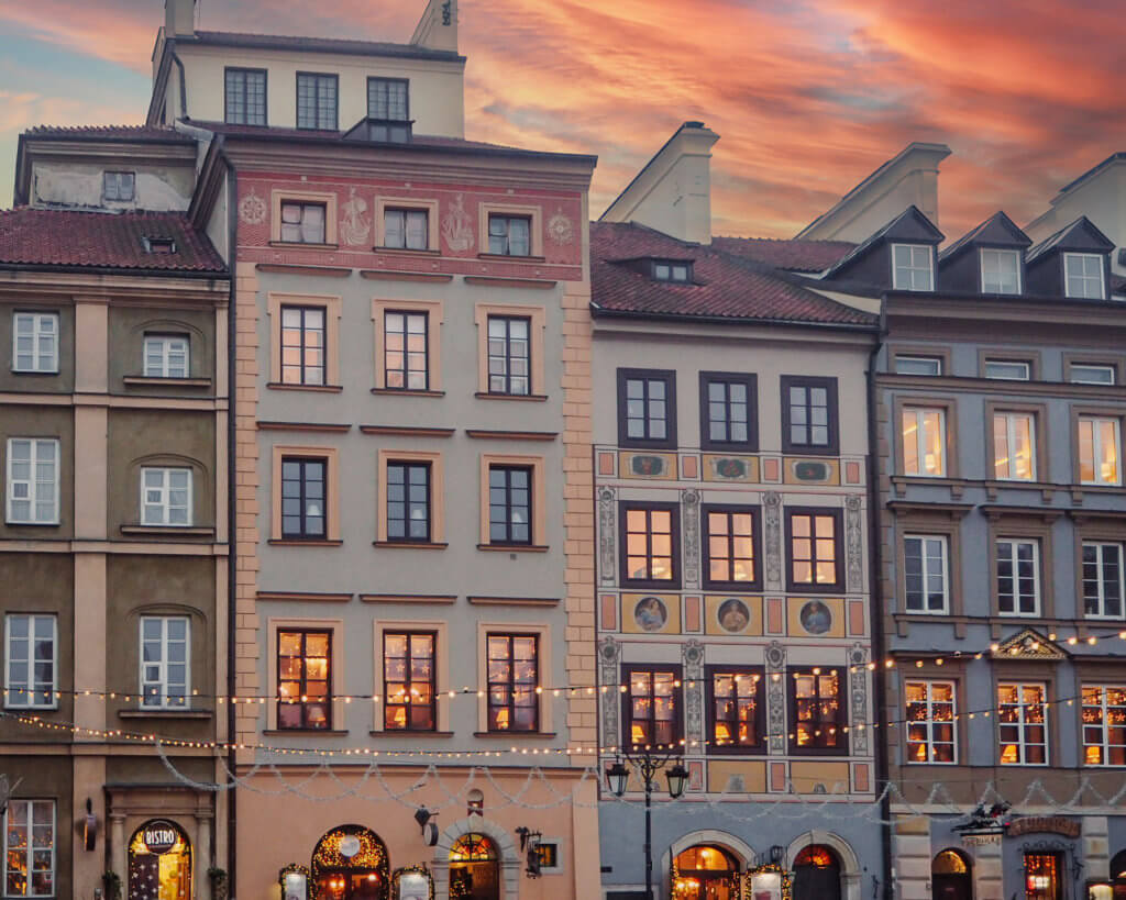 Baroque buildings of Warsaw Old Town at Christmas.