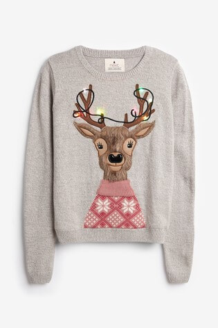 Next Light up Grey Deer Christmas Jumper