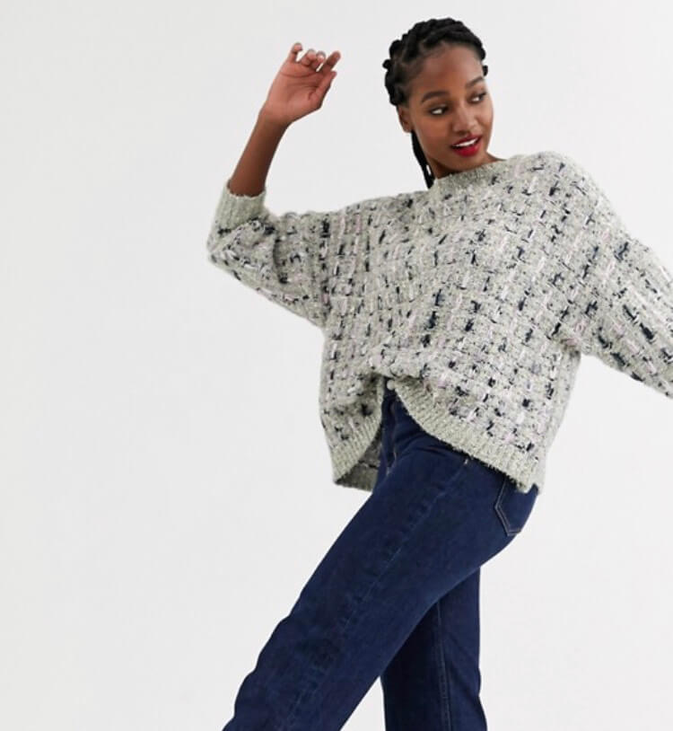 ASOS DESIGN metallic check jumper in tinsel yarn with volume sleeve