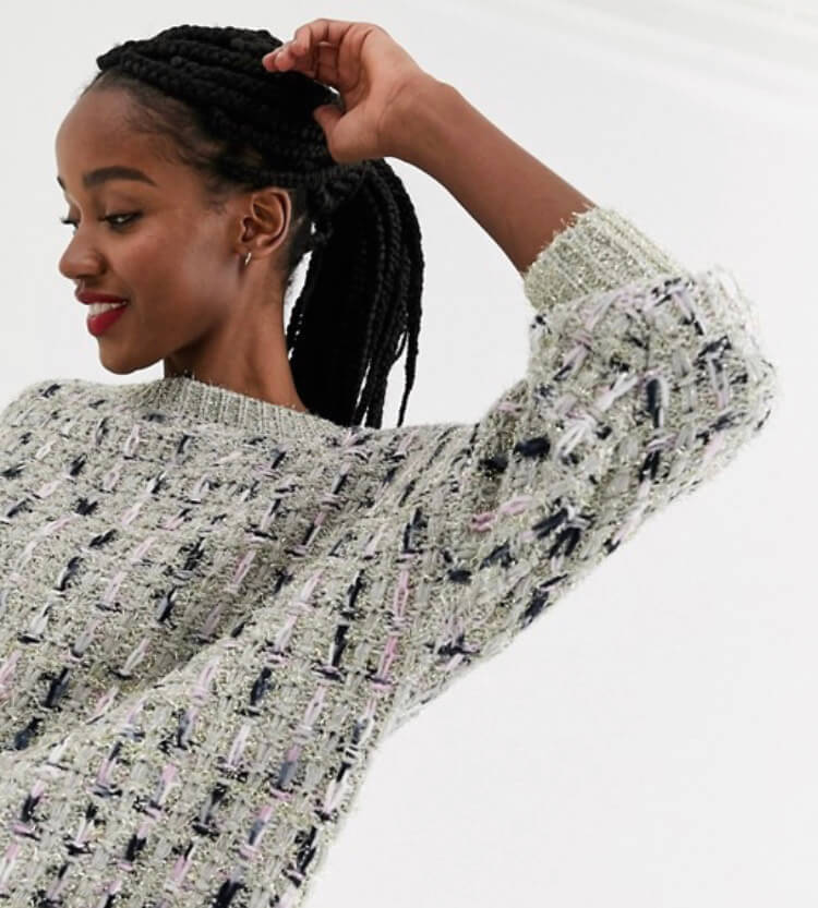 ASOS DESIGN metallic check jumper in tinsel yarn with volume sleeve