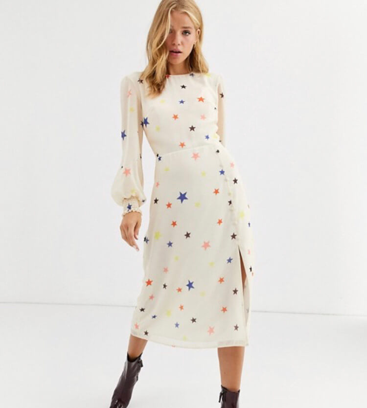 Nobody's Child midi dress with balloon sleeve in star print
