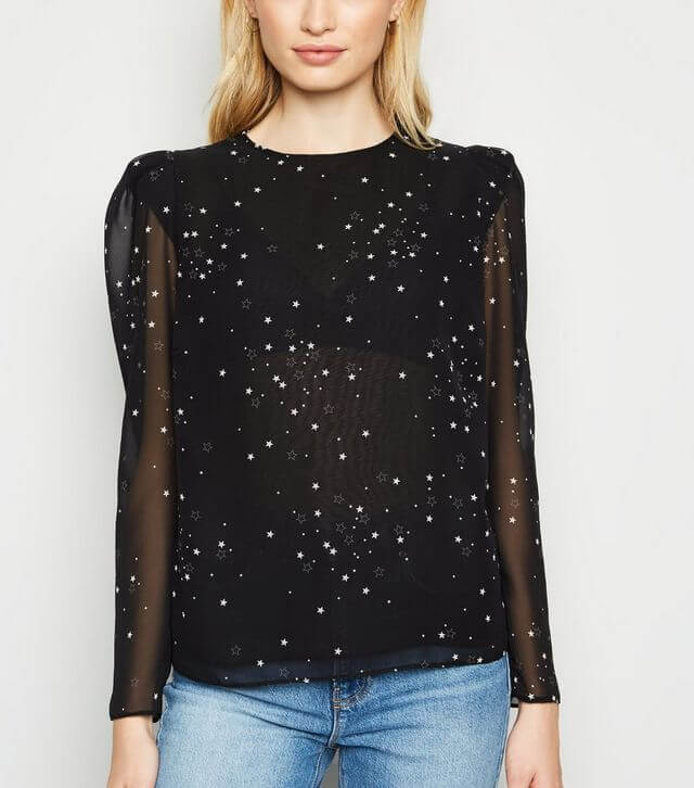 New Look Black Star Print Puff Sleeve Print