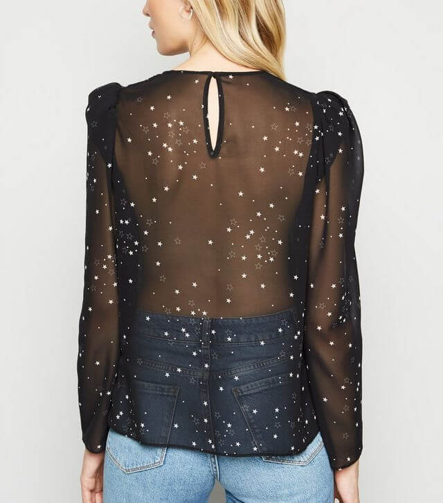 New Look Black Star Print Puff Sleeve Print