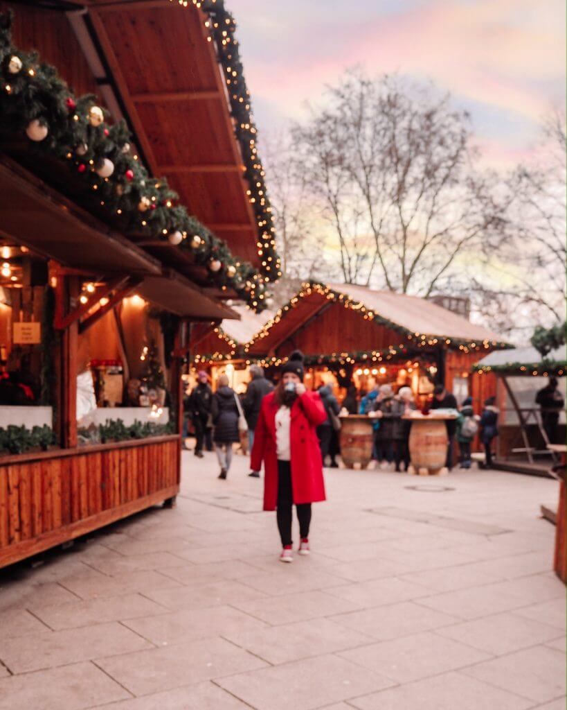 Rustic wooden huts at the Hamburg Christmas Market