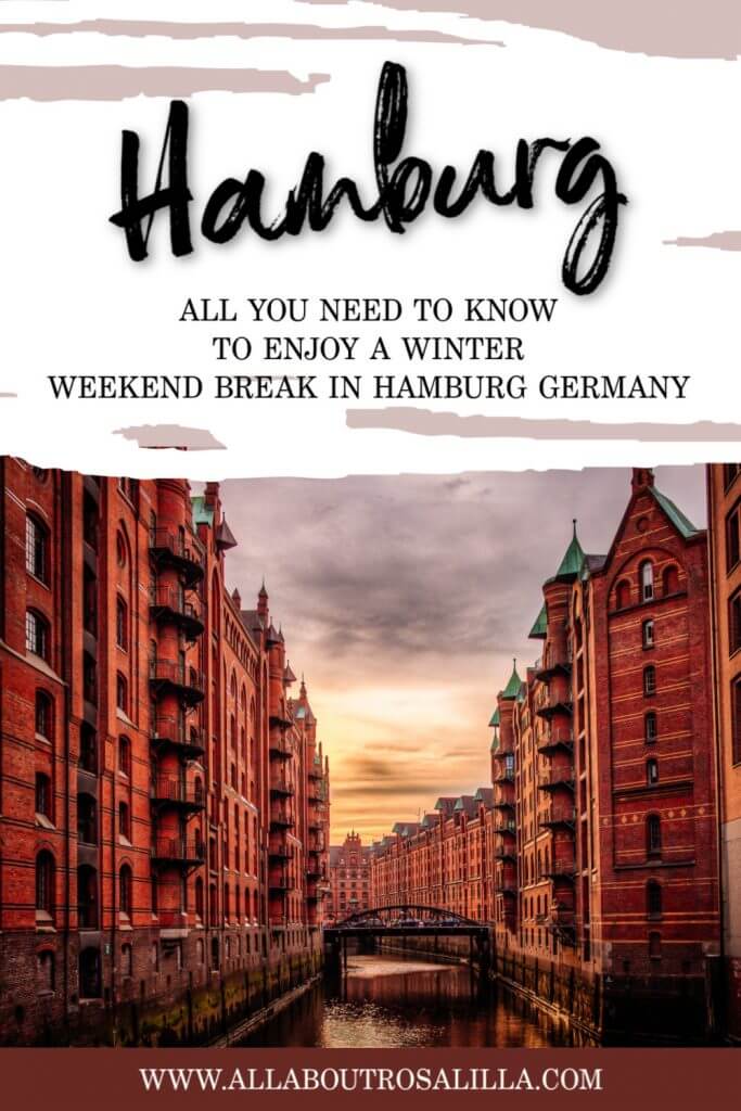 Hamburg canal at sunset with text overlay