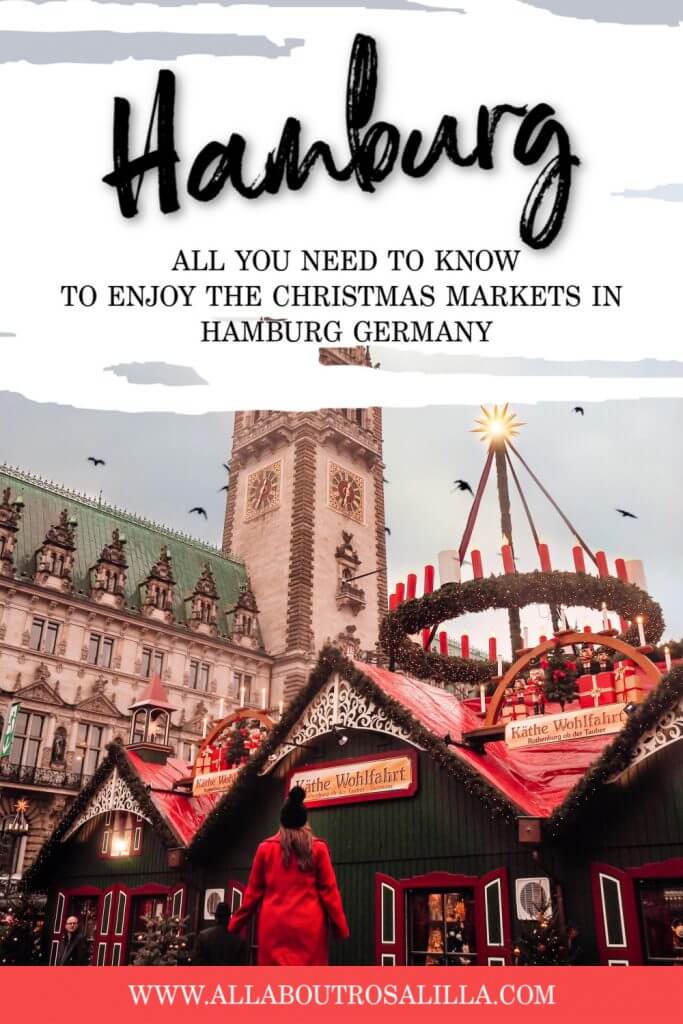 Girl in red coat looking at the Rathaus Hamburg Christmas Market with text overlay