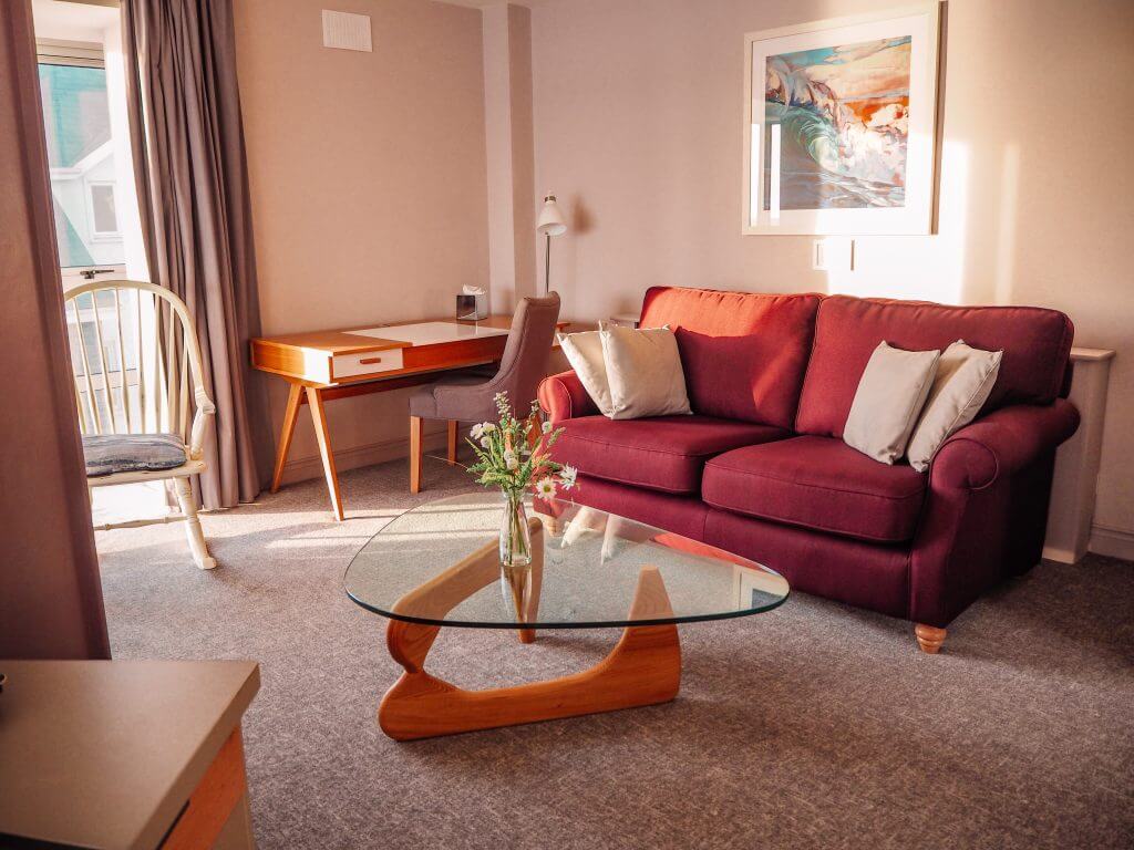 Reading area in the hotel room of the Seascape Suite at Armada Spanish Point Hotel
