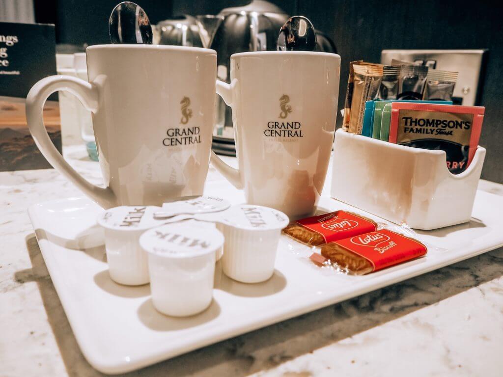 Coffe mugs in the hotel room of the Grand Central Hotel Belfast