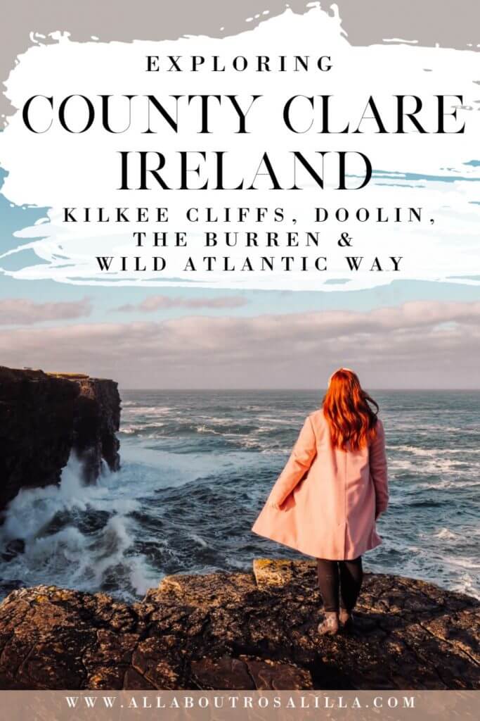 Woman in pink coat overlooking Kilkee Cliffs with text overlay