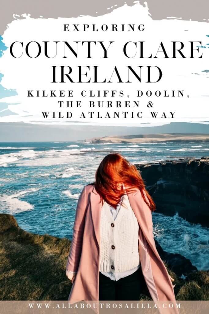 Woman with red hair standing at Kilkee Cliffs in County Clare with text overlay