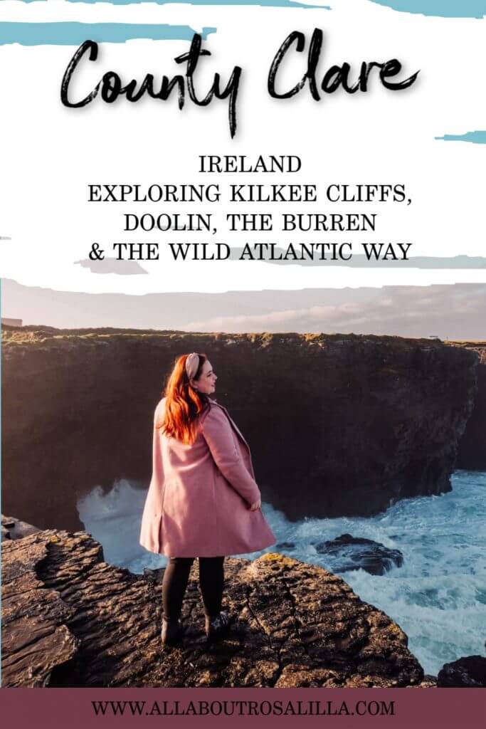 Womanin a pink coat standing at Kilkee Cliffs in County Clare with text overlay