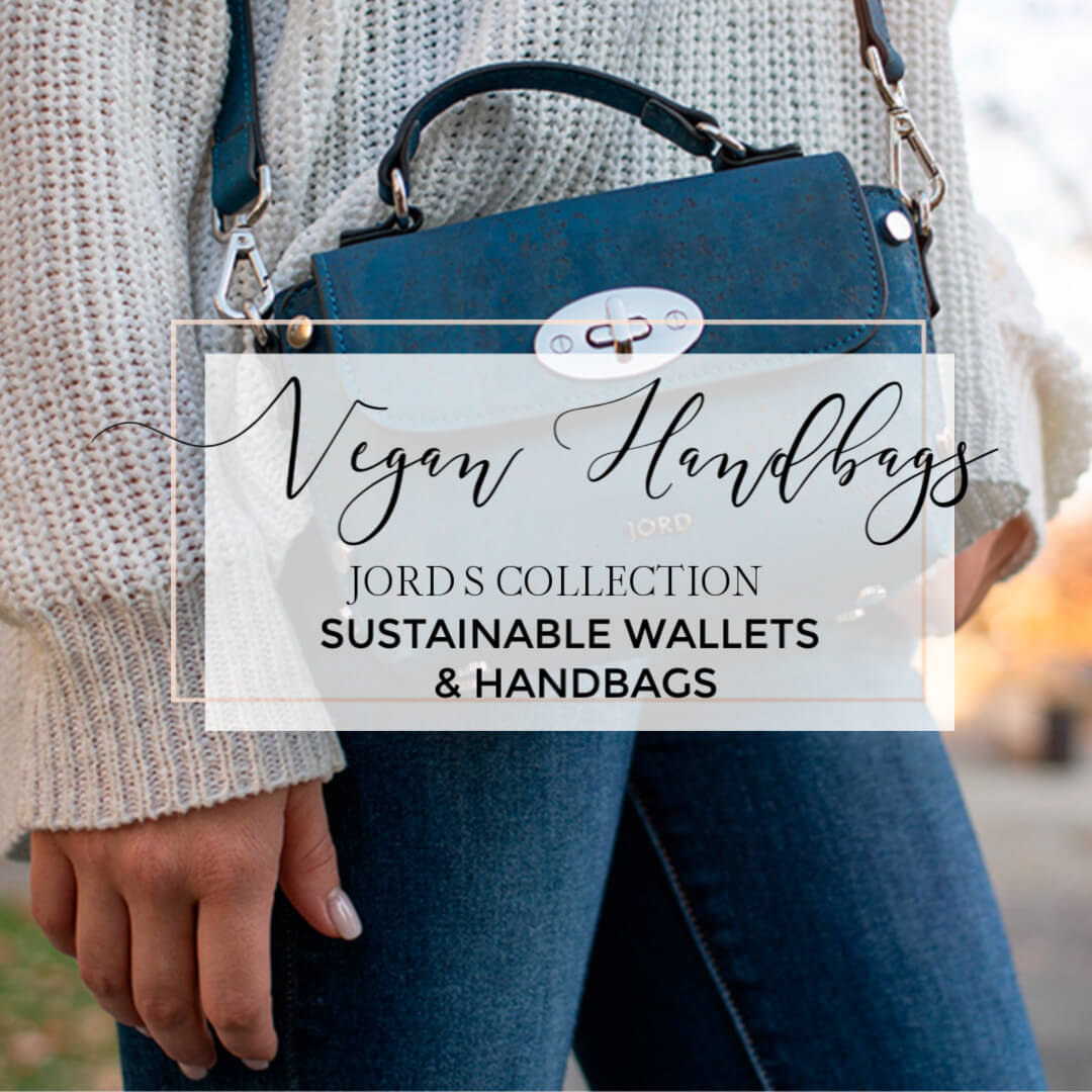 Blue vegan leather handbag with text overlay