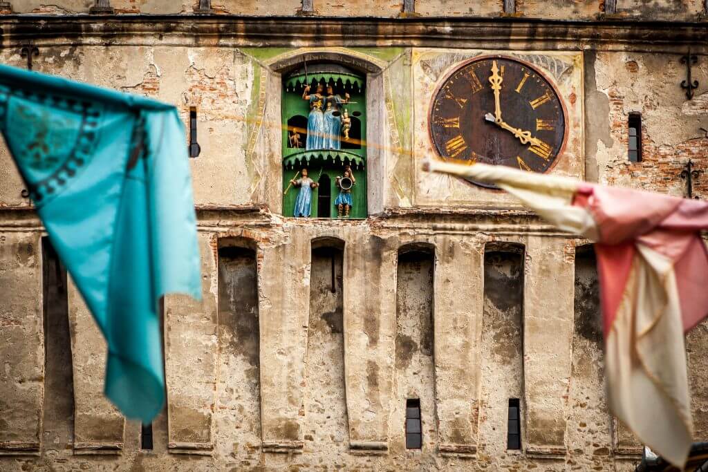 Sighisoara, Clock Tower, saxon landmark of Transylvania in Romania close up
