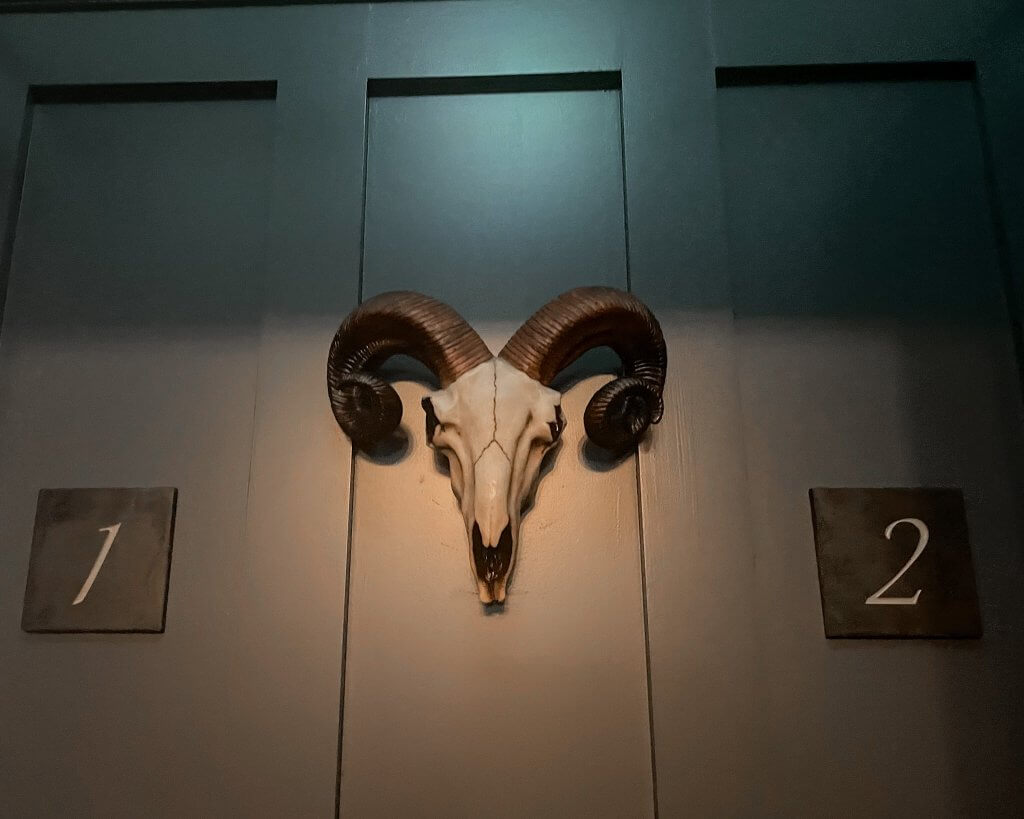 Ram skull hung on the wall at Fullerton Arms in Ballintoy County Antrim