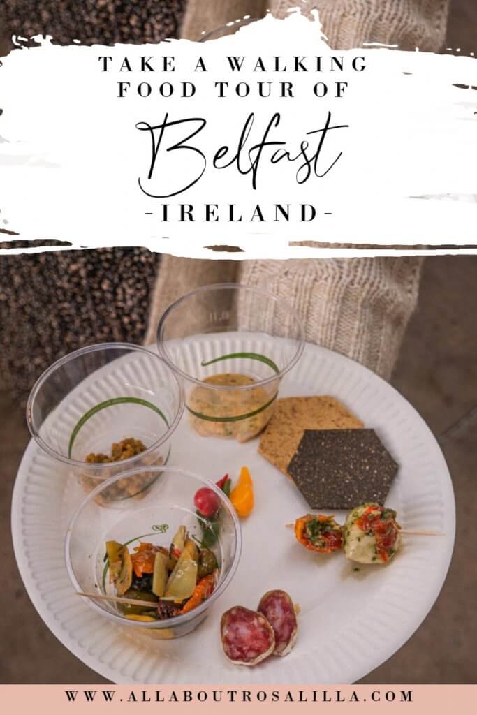 Image of a Belfast Food market with text overlay walking tour Belfast
