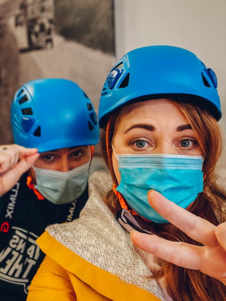 Couple wearing hard hats at The Gobbins Cliff Walk in Antrim