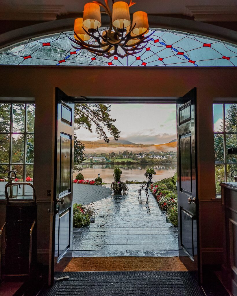 The entrance of Sheen Falls Lodge, in Kenmare, Ireland one of the best 5 star hotels in Ireland.