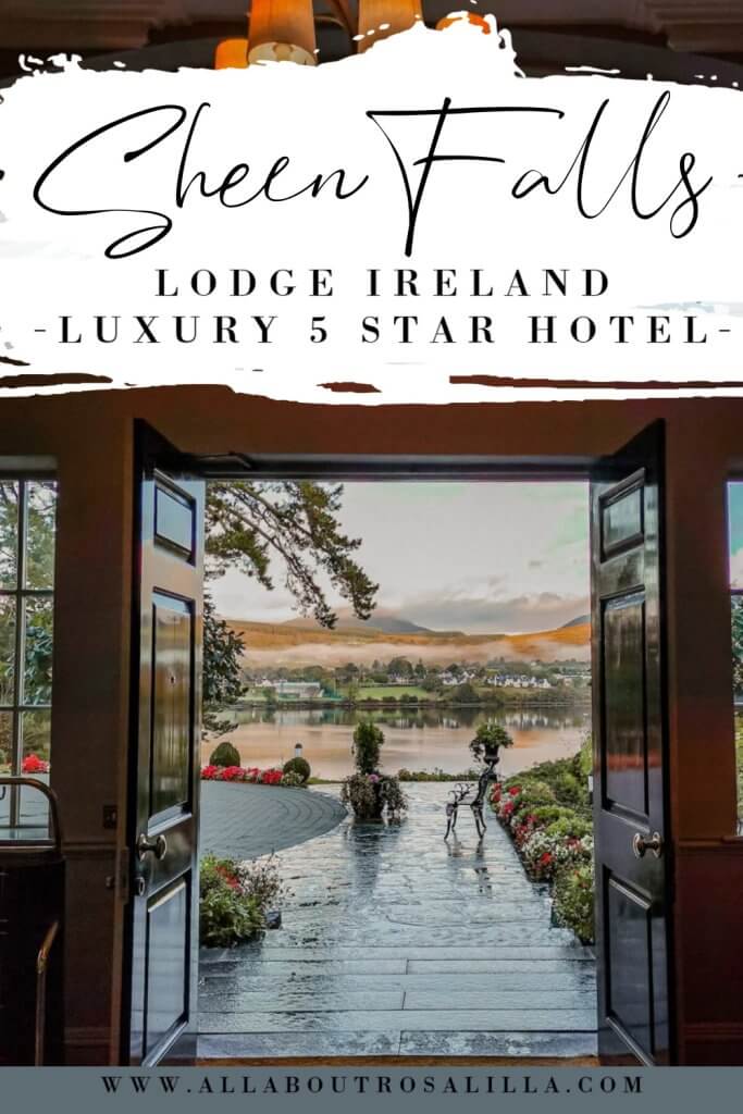 Image of the entrance of Sheen Falls Lodge with text overlay Kenmare's Crown Jewel: Sheen Falls Lodge Luxury Stay.