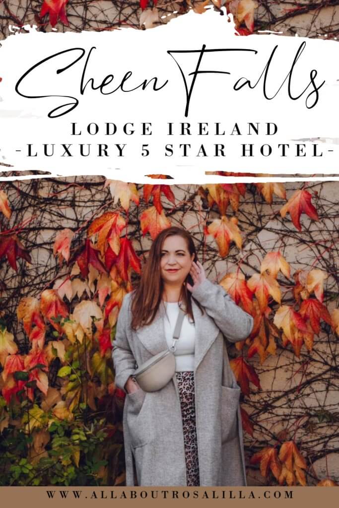 Image of Nicola Lavin, irish travel blogger standing against an ivy covered wall at Sheen Falls Lodge with text overlay Unveil Kenmare's Beauty: Sheen Falls Lodge Luxury Stay