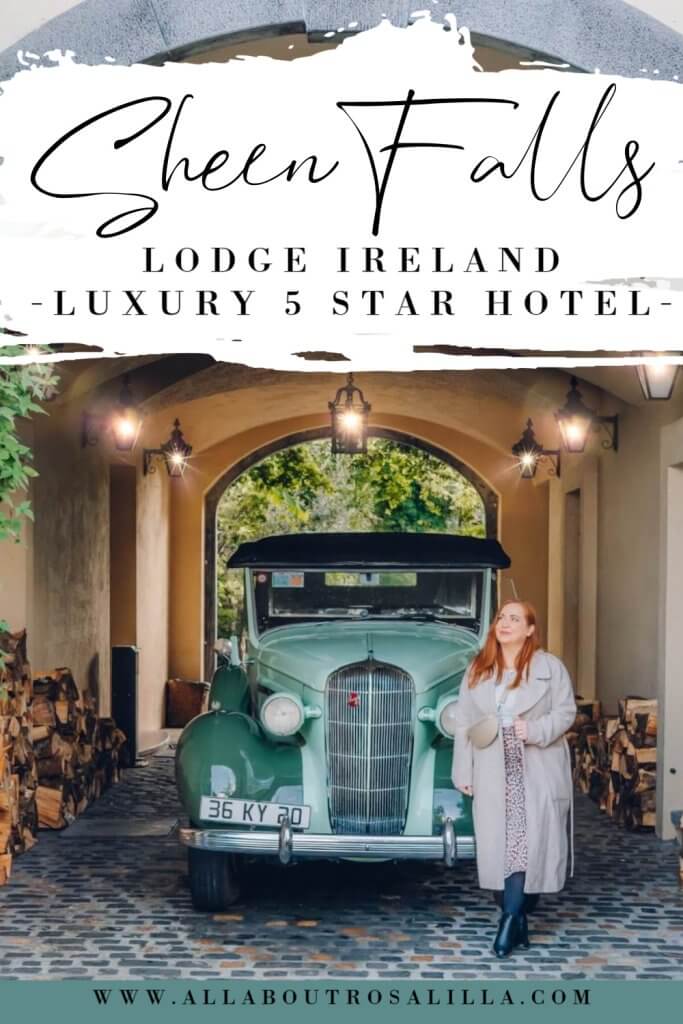 Image of Nicola Lavin, irish travel blogger standing beside a green car at Sheen Falls Lodge with text overlay Luxury Travel Goals: Sheen Falls Lodge Should Be on Your List.