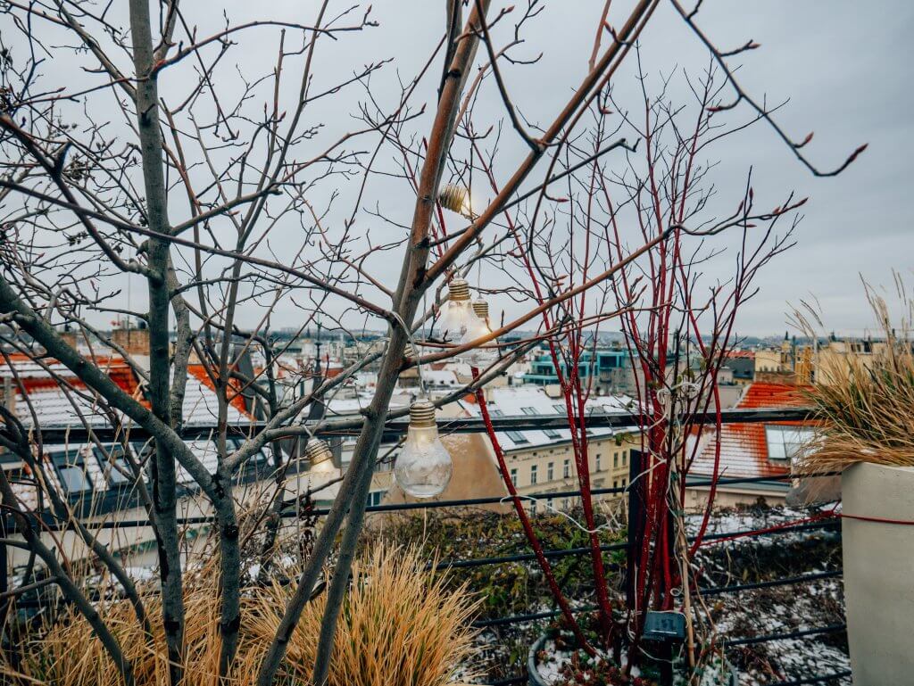 Rooftop views of Prague city from the penthouse suite at Mosaic House Design Hotel Prague