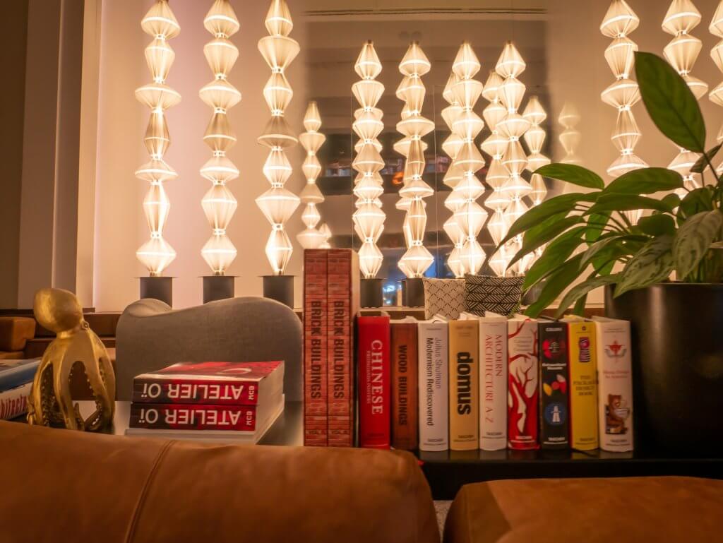 Unusual light display in the lobby of Mosaic House Design Hotel, a boutique hotel in Prague