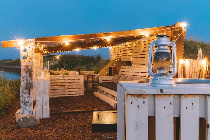 Outdoor decking area of Collanmore Island Lodge