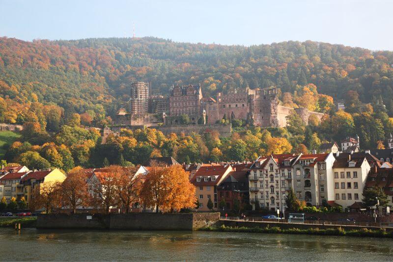Heidelberg Castle nestled in the hills with golden orange and red trees surrounding it at Autumn. The Neckar River flows peacefully in the foreground.