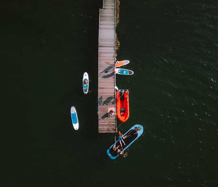 Aerial view of a group of stand up paddle boarders, SUP in westport Ireland