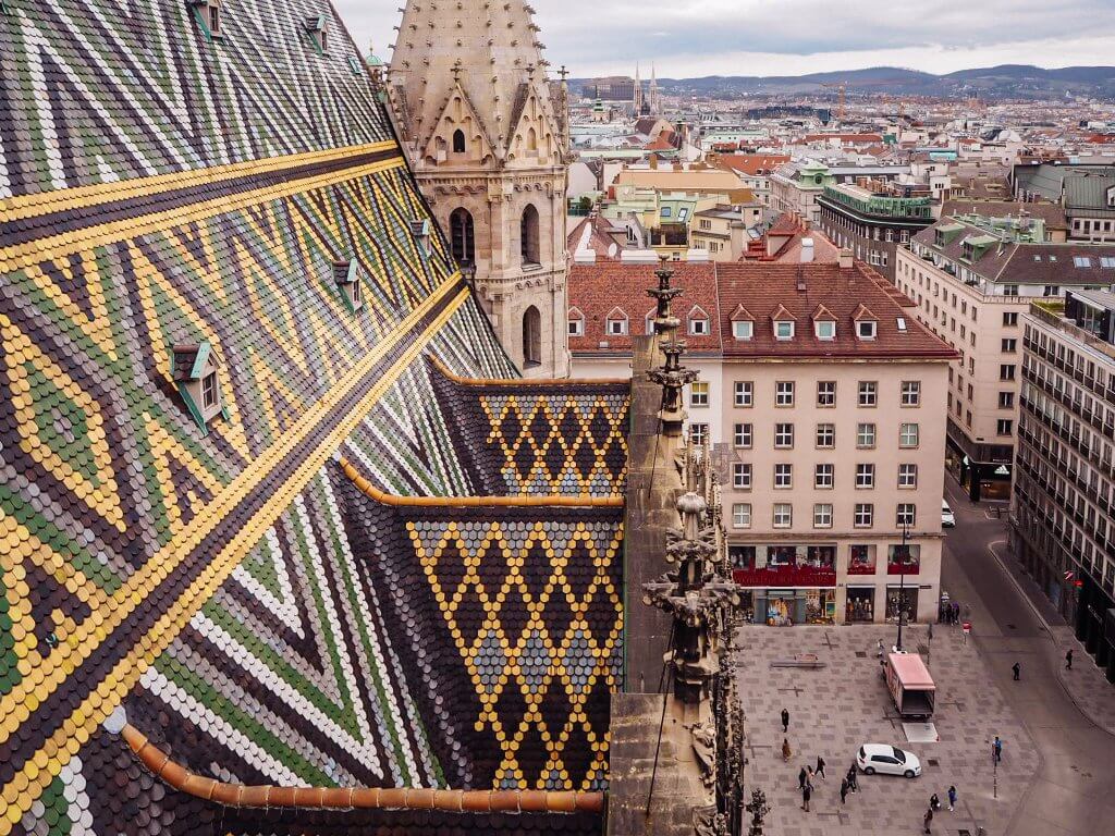 Rooftop views of St Stephen's cathedral in Vienna, Austria.