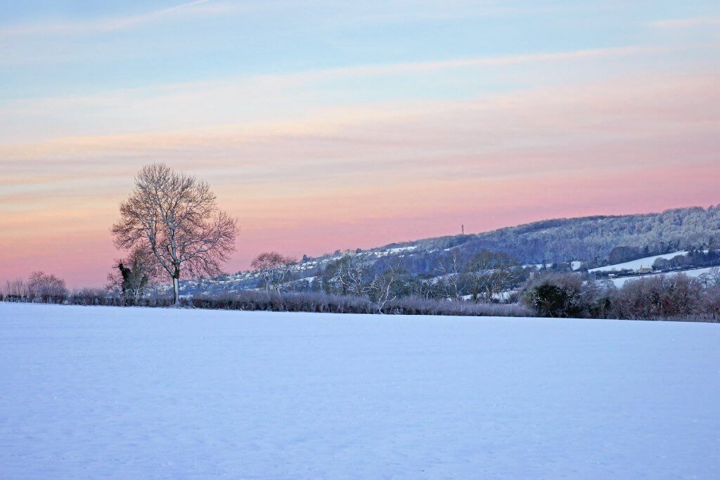 Cotswolds countryside covered in snow