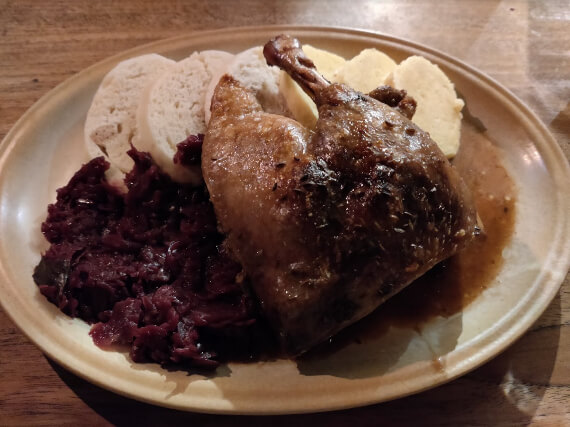 Duck with pickled cabbage at Krčma restaurant. Great restaurant for lunch on a 2 day Prague itinerary.