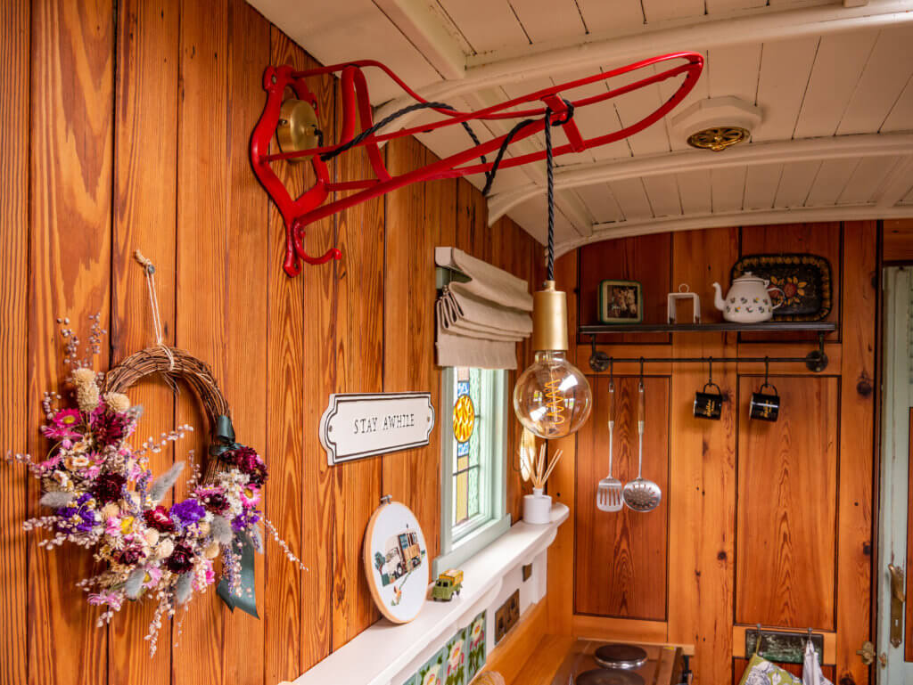 Interior of The Oat Box, a converted horsebox in Northern Ireland.