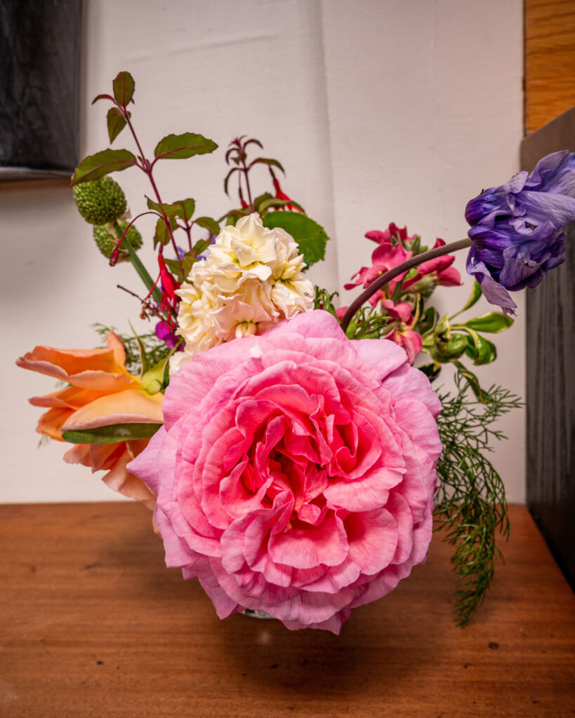 Vase of handpicked garden flowers.