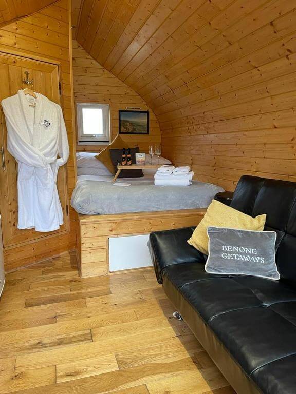 Interior of a glamping pod at Benone Getaways in Northern Ireland.